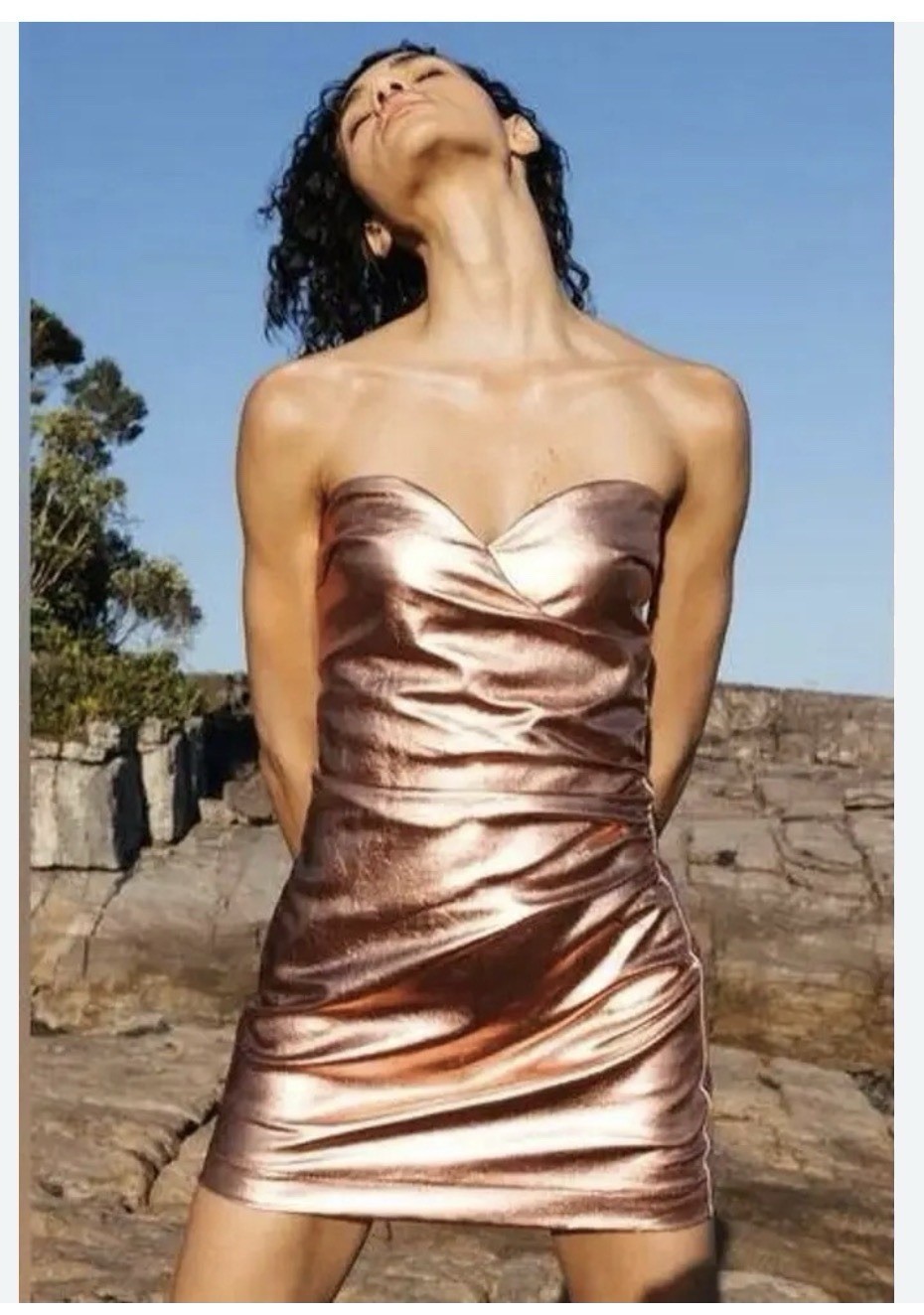 ZARA Copper Rose Gold Metallic Draped Dress w Shorts Size S Strapless Club Night