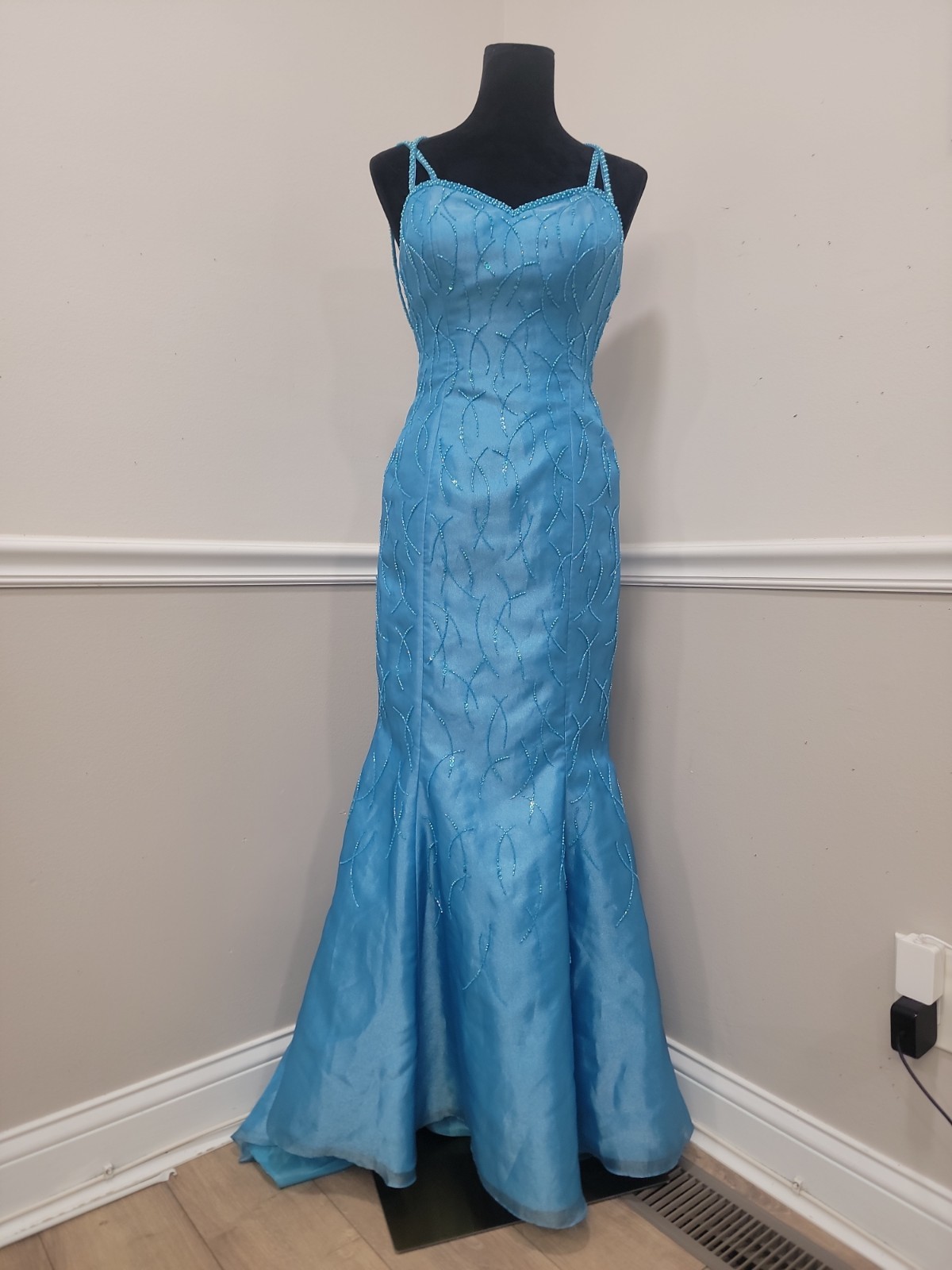 VTG Y2K Alyce Designs Turquoise Beaded Mermaid Prom Evening Gown Size 8