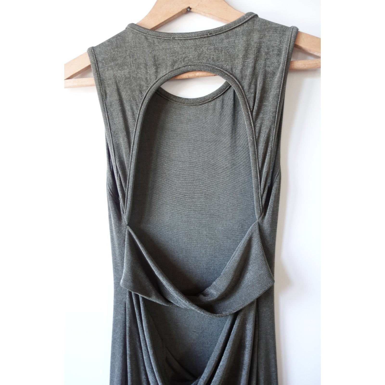 Womens Open Back Slinky Midi Dress Medium Olive Green Stretch Minimalist Sheer