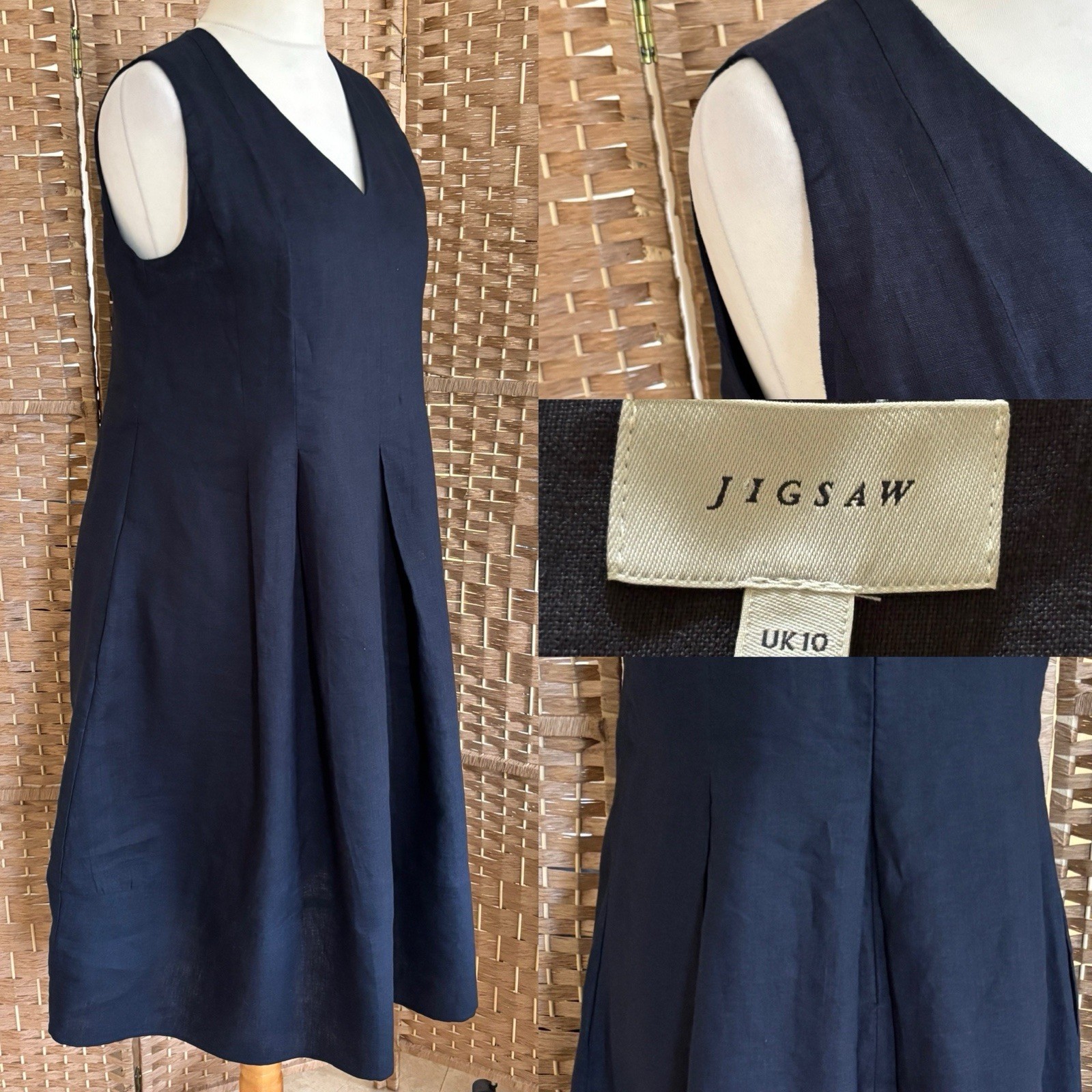 JIGSAW Navy Blue 100% LINEN Sleeveless Dress UK 10 L42” FULL SKIRT Pockets ARTY