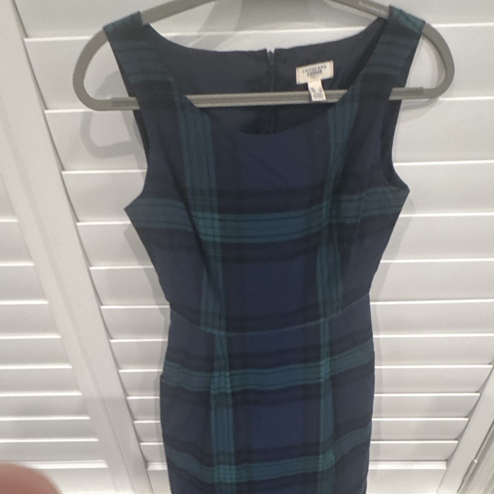 Lands’ End Canvas Womens 0 Navy Green Tartan Plaid Sleeveless Zip Dress Knee
