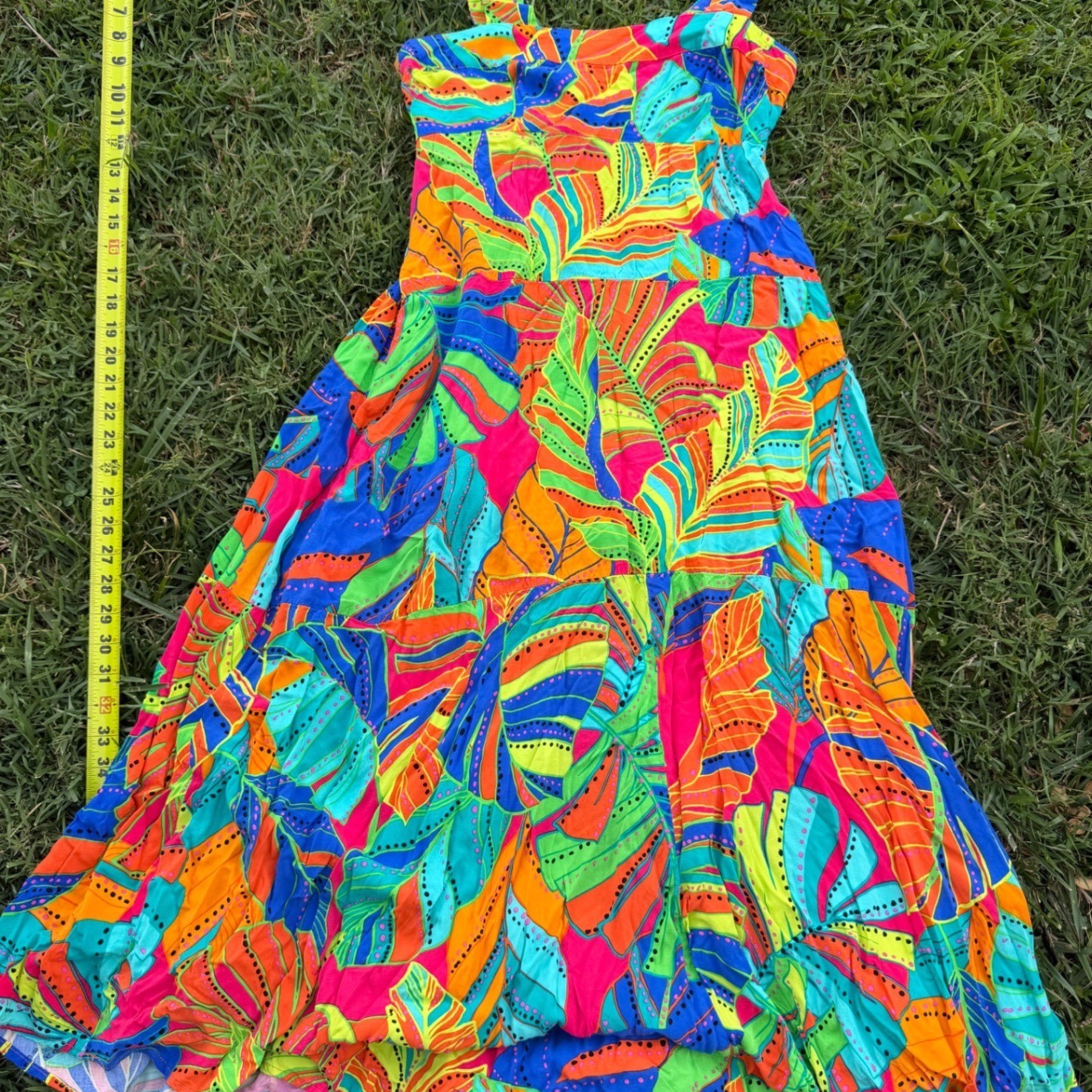 1.STATE Tropical Leaf Print Maxi Dress XS Colorful Summer Tiered Rayon Sundress