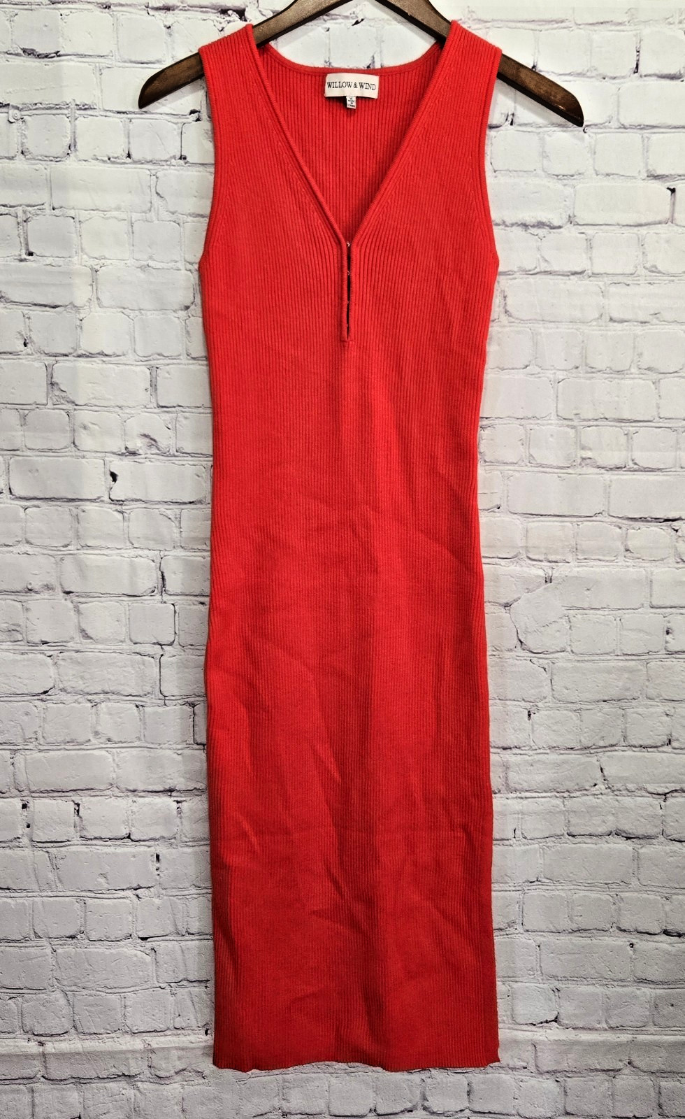 Willow & Wind Red Bodycon Ribbed Knit Sweater Dress Midi M Sexy V Neck Hook Eye