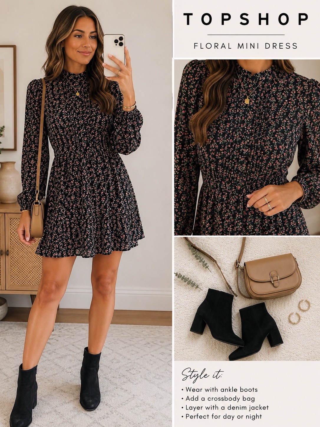 Topshop Black Floral Long Sleeve Mini Dress US 6
