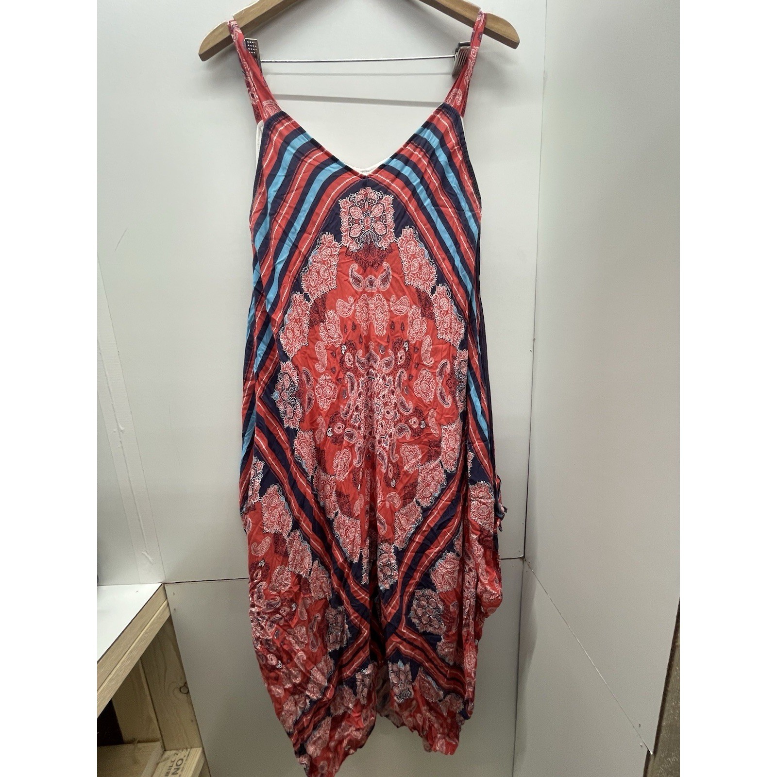 Alchemation Womens Paisley Stripe Handkerchief Hem Midi Dress Red Blue Medium