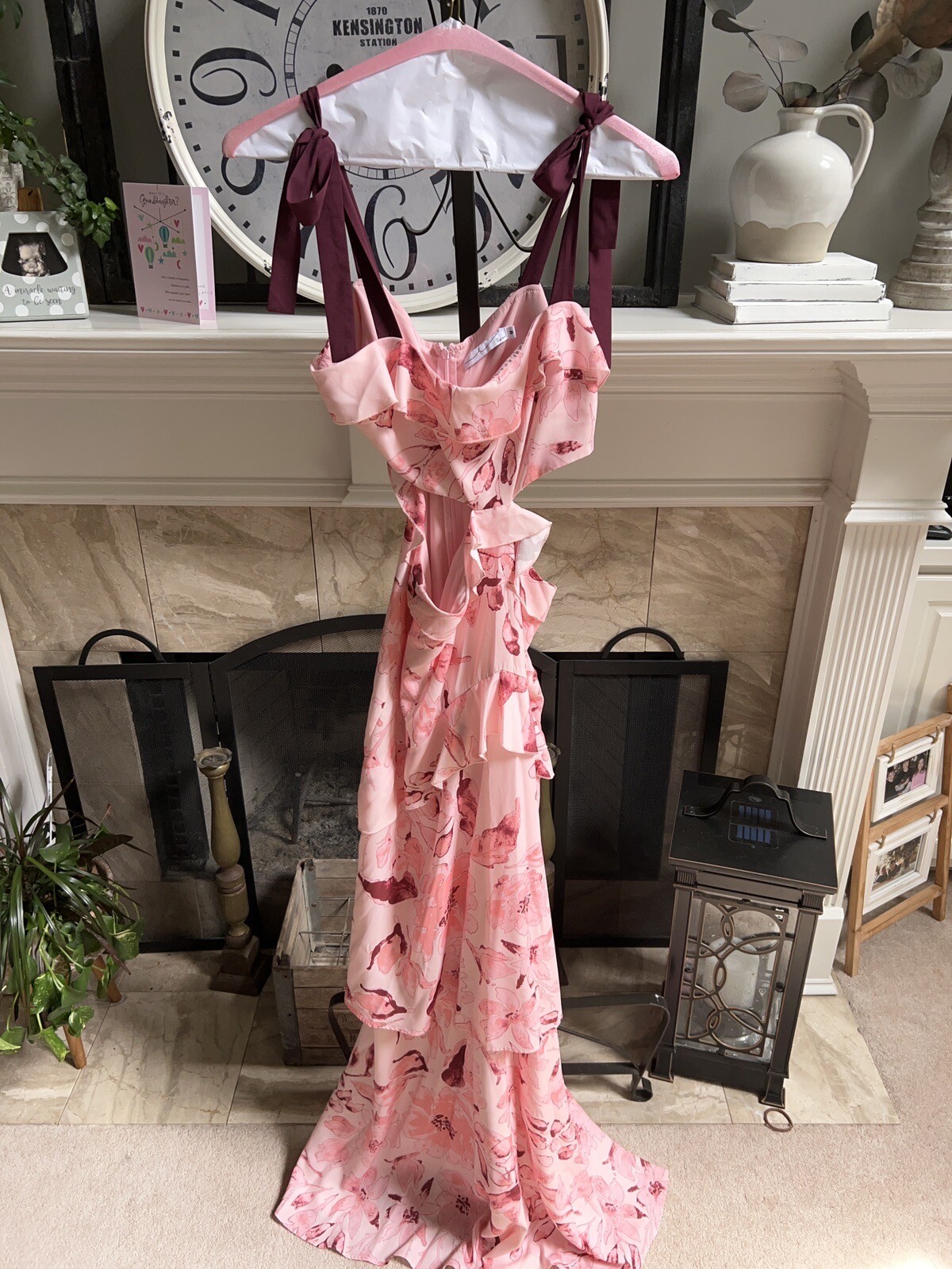 BY EGREIS pink floral cutout maxi dress with red wine tie shoulder straps sz M