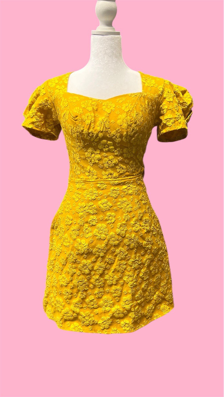 Yellow Floral Lace Mini Dress Puff Sleeve Bow Button Accent Square Neck Women