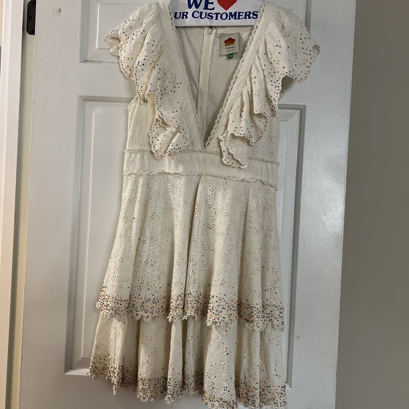 Farm Rio Women’s White Eyelet Ruffled Beaded Mini Dress Size M