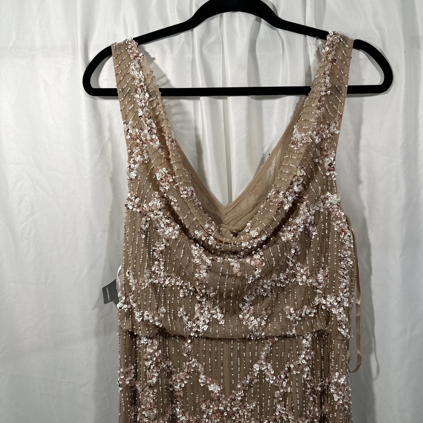 NWT $329 Adrianna Papell [ 14 ] Embellished Cowl-Back Gown in Champagne #G1167