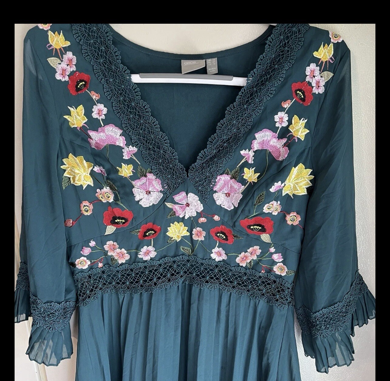 Asos Design Curve Lace Insert Pleated Midi Dress Size 10 Embroidered Floral
