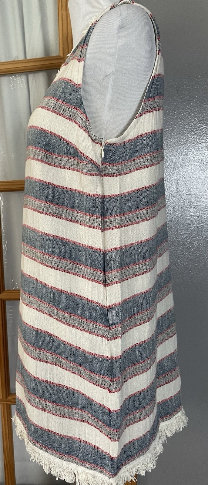 Chelsea & Theodore Striped Mini Dress Sz 12 Red Gray Fringed Hem Nautical Beach