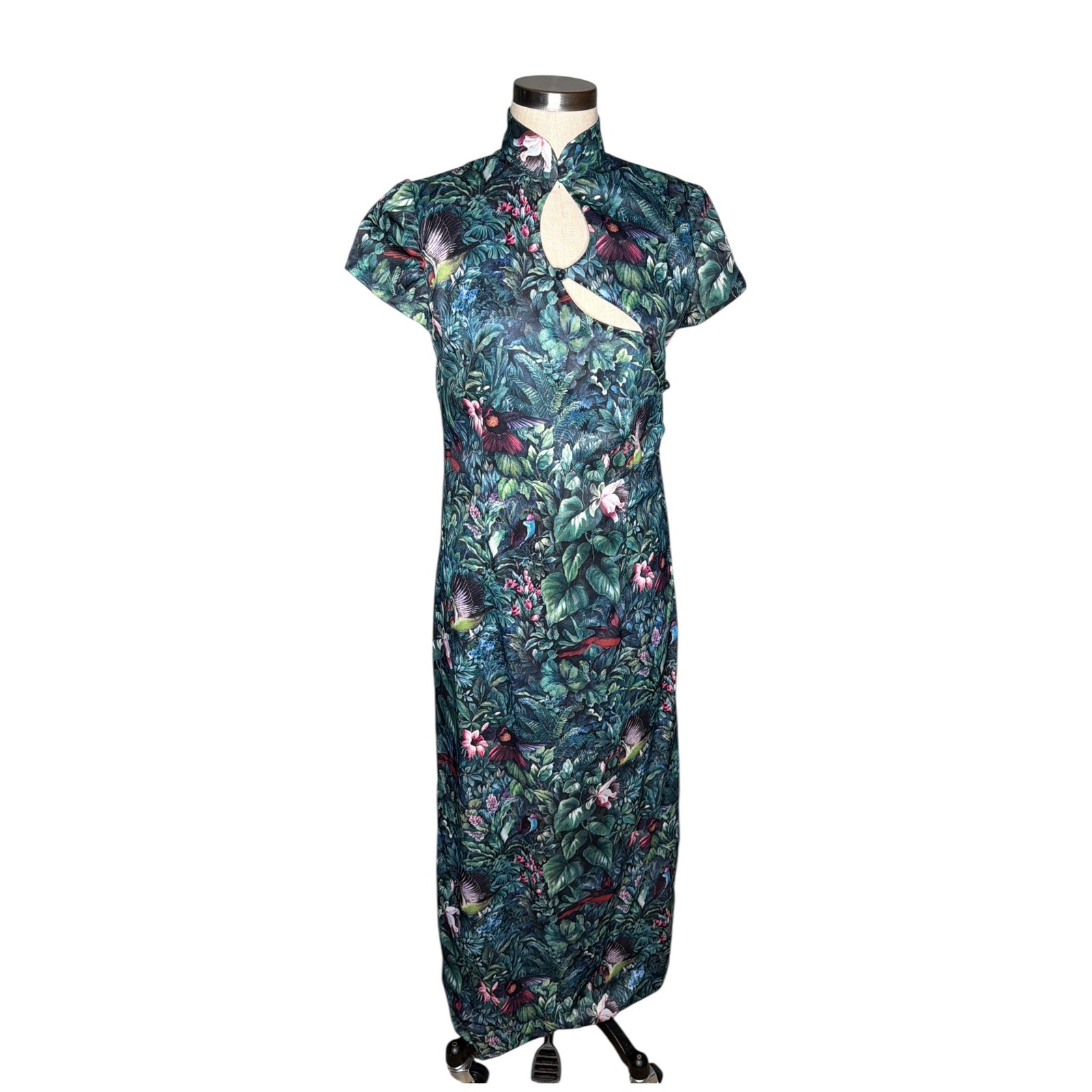Vintage Susie Sunshine Asian Cheongsam Maxi Dress Green Hummingbird Print