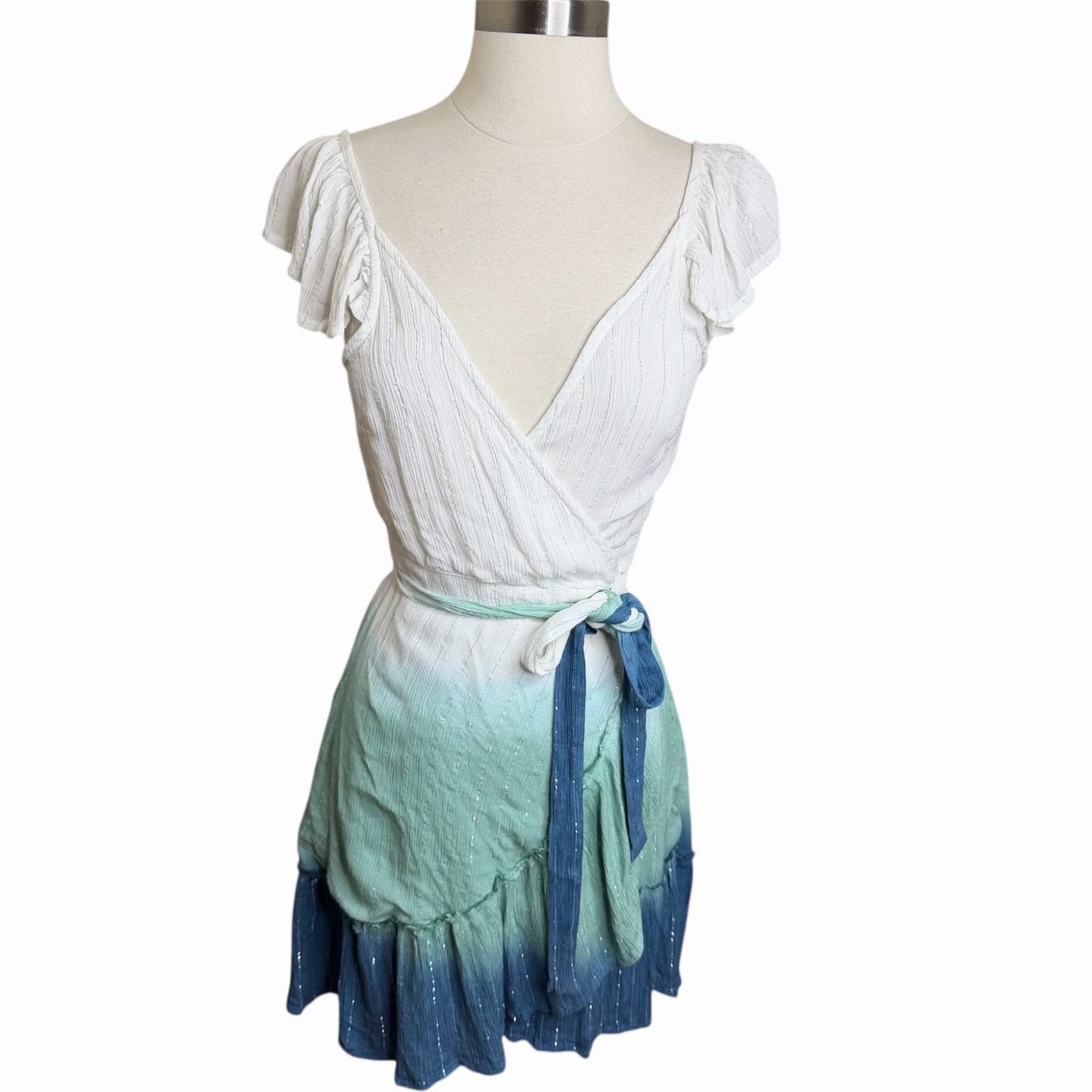 Z&L Europe White Blue Ombre Mini Wrap Dress Metallic Lurex Shimmer Boho M⁠
