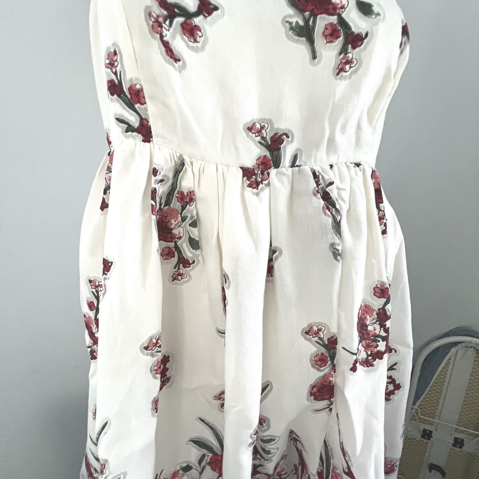 Storia Floral Mini Dress Medium White Red Rose Cottagecore Boho Summer Sundress