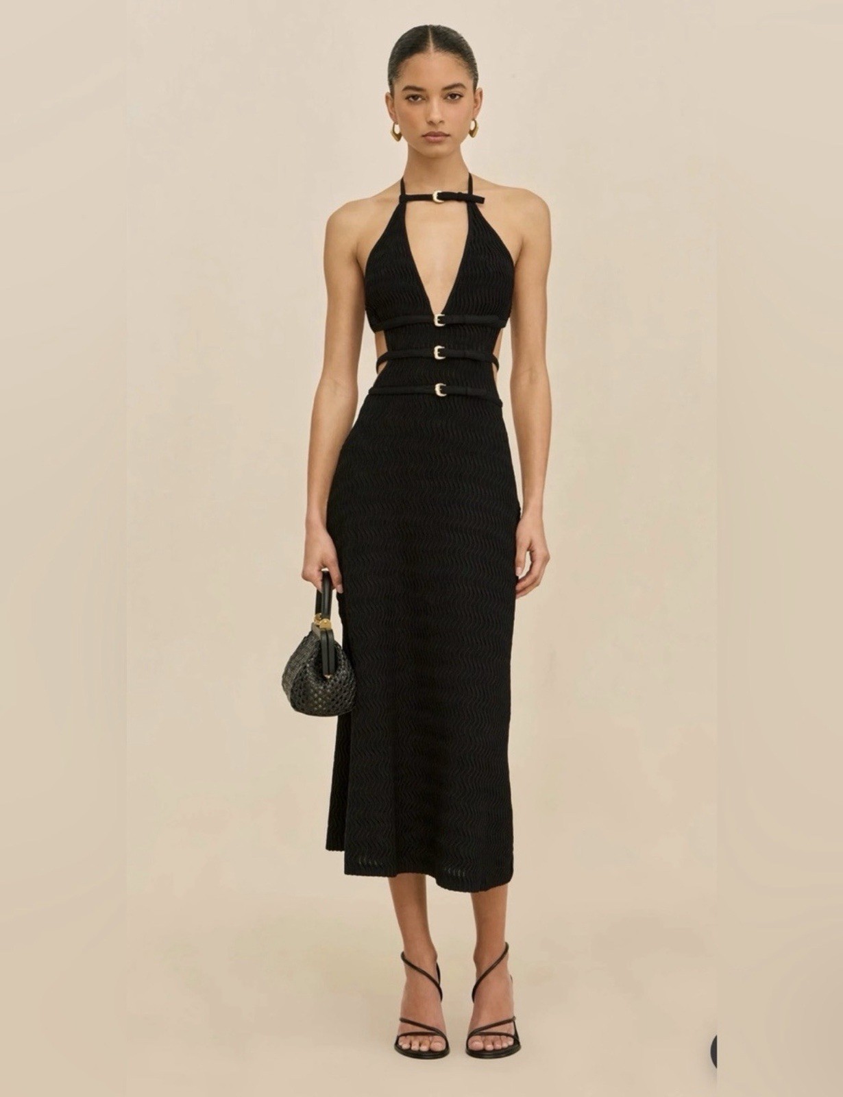 NWT Cult Gaia Evaleigh Dress XS Black Knit Halter Cutout Gold Buckle Sold Out