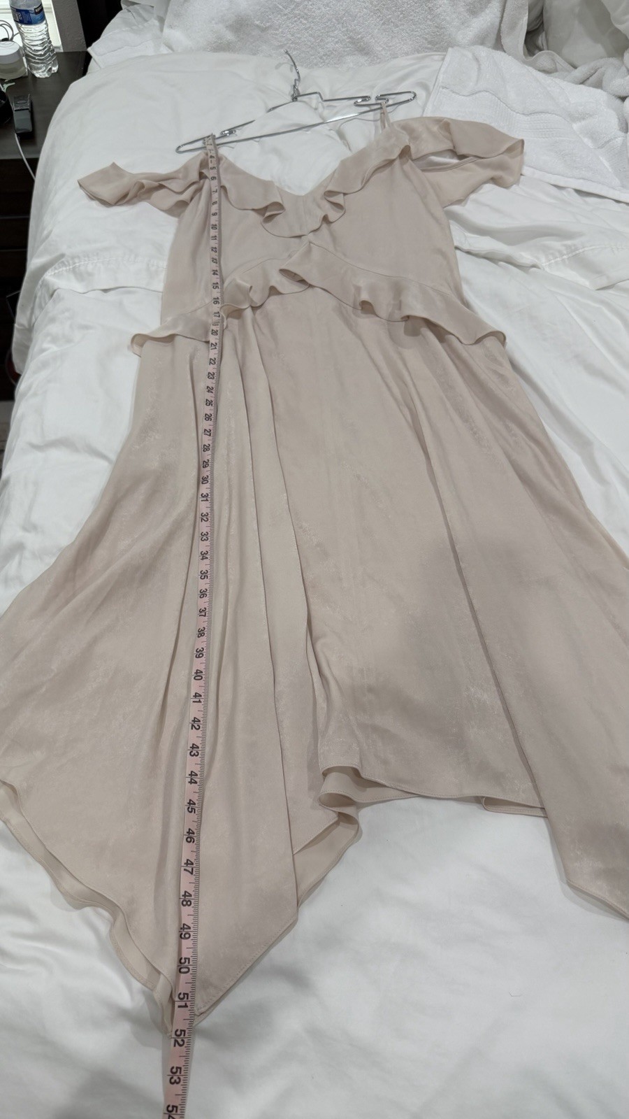 BCBGMaxAzria Off-Shoulder Ruffle Handkerchief Hem Dress in Stone Taupe Beige L