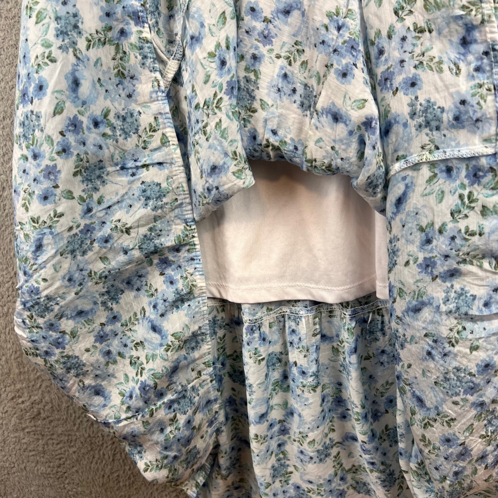 By The River Blue Floral Tiered Midi Dress Womens Medium Smocked Back Lined