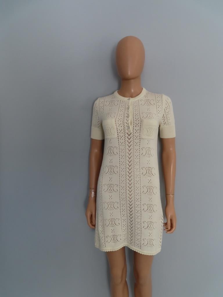 CELINE Ecru Cotton Open Pointelle/Triomphe Knit Dress Size S