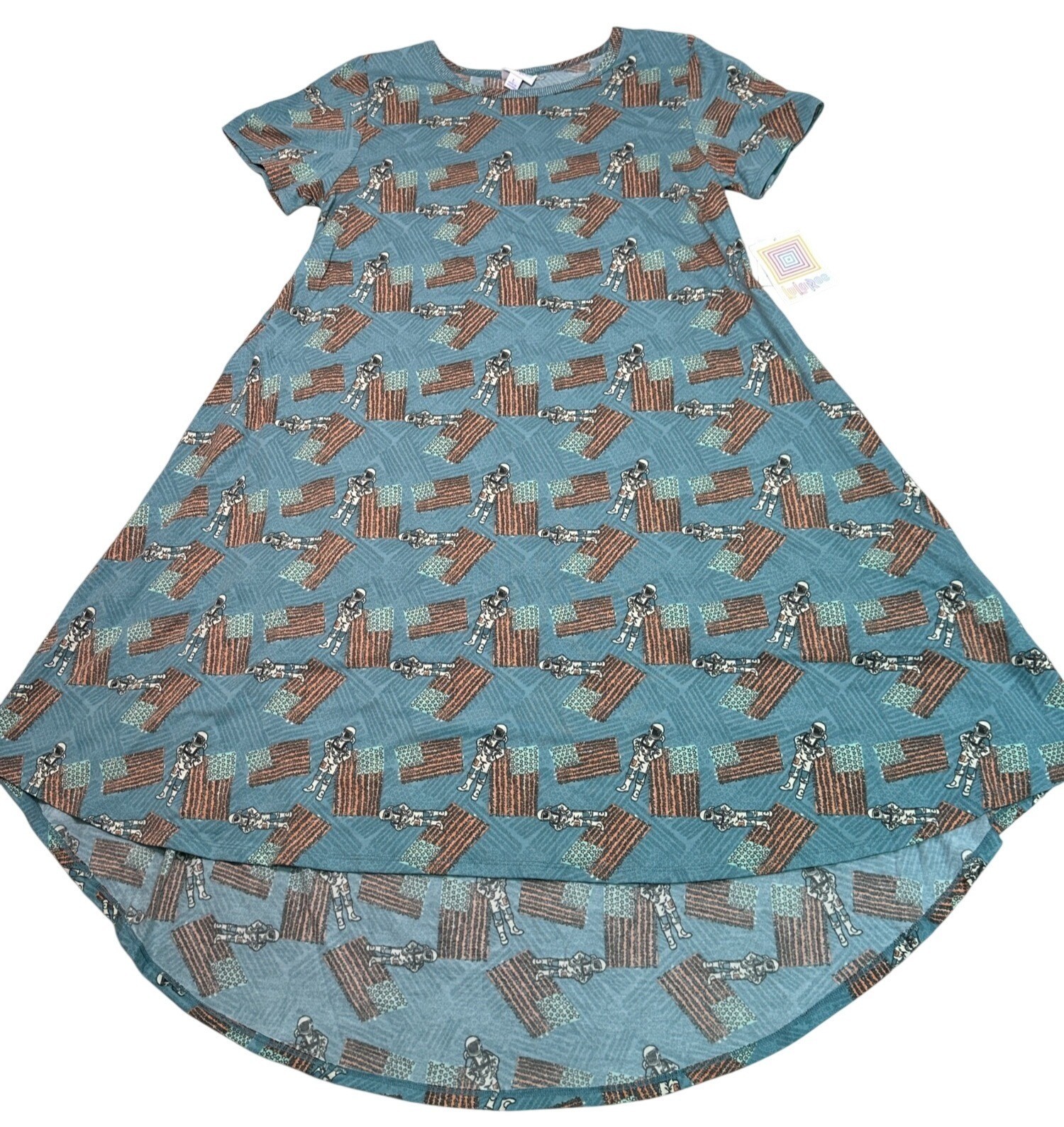 LuLaRoe Carly Dress L High-Low Hem Patriotic astronauts Soft Knit Blue Graphic