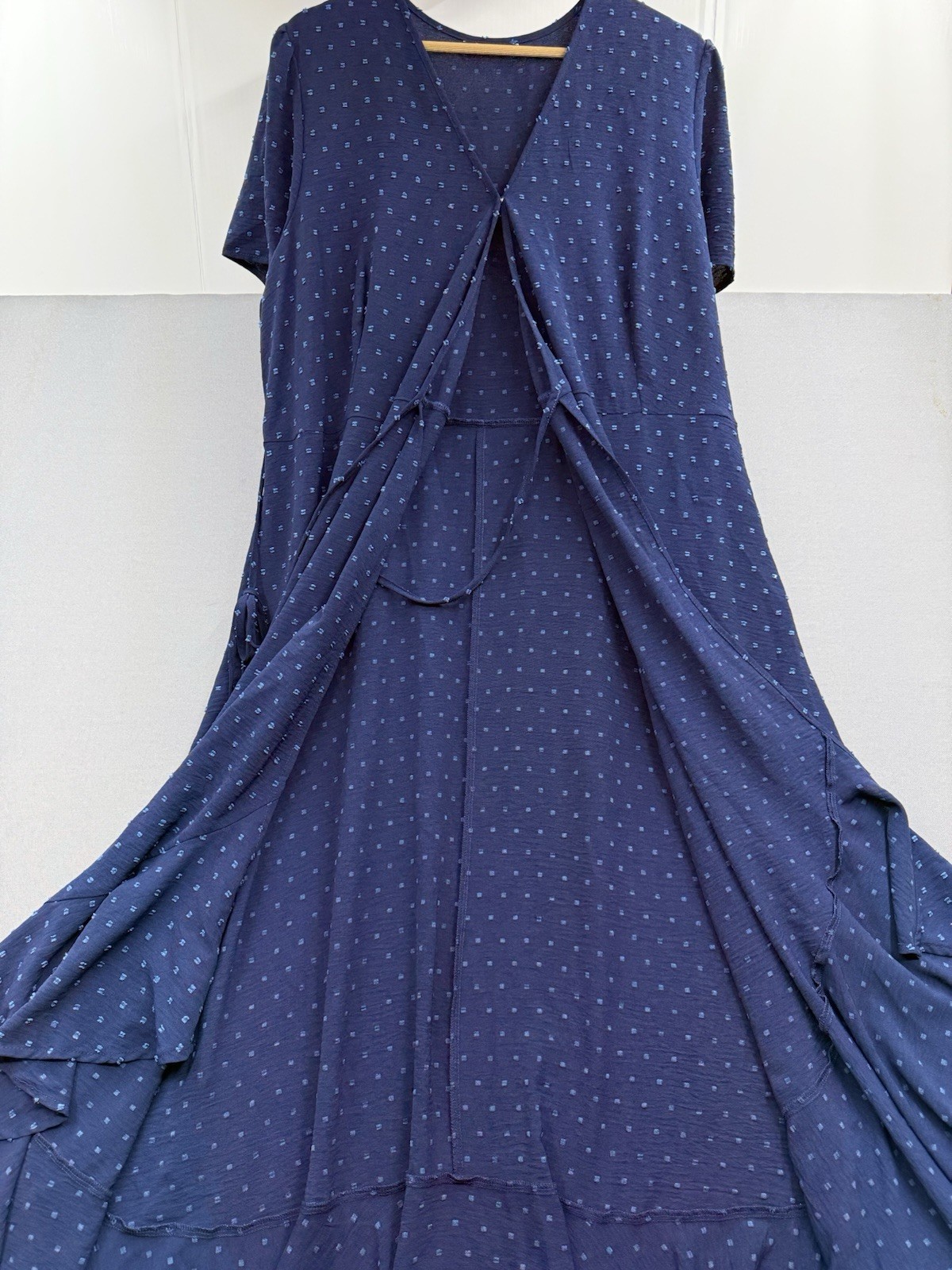PrettyGarden Womens XL Blue Polka Dot Wrap Maxi Dress Short Sleeve Boho