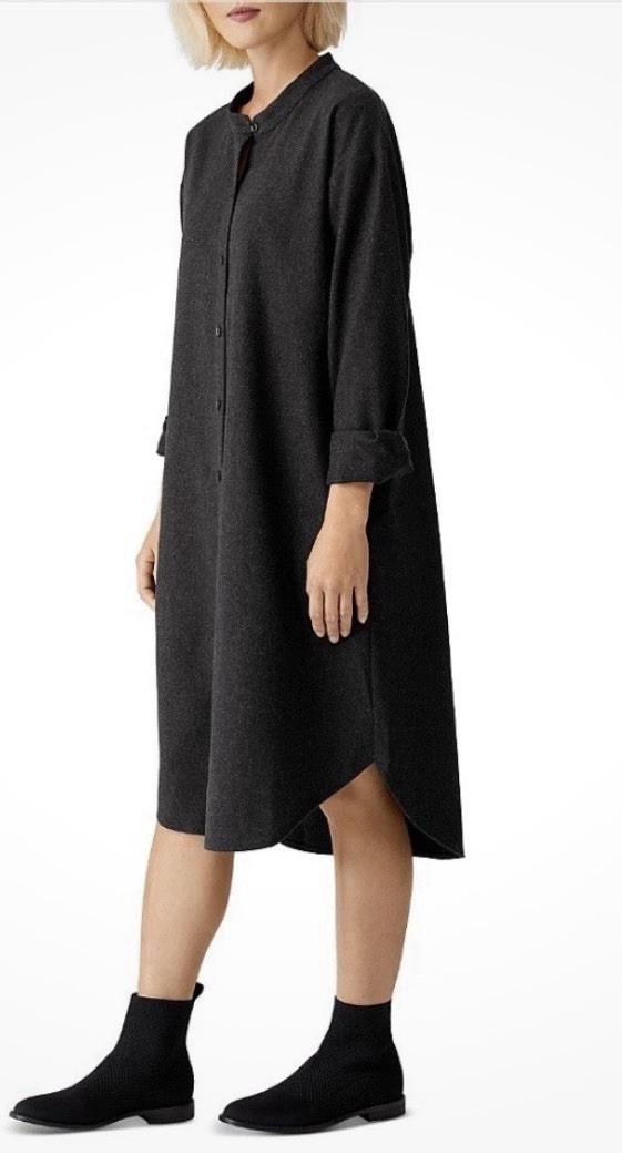 Eileen Fisher Shirt Dress size S Mandarin Collar Charcoal Gray Wool Minimalist