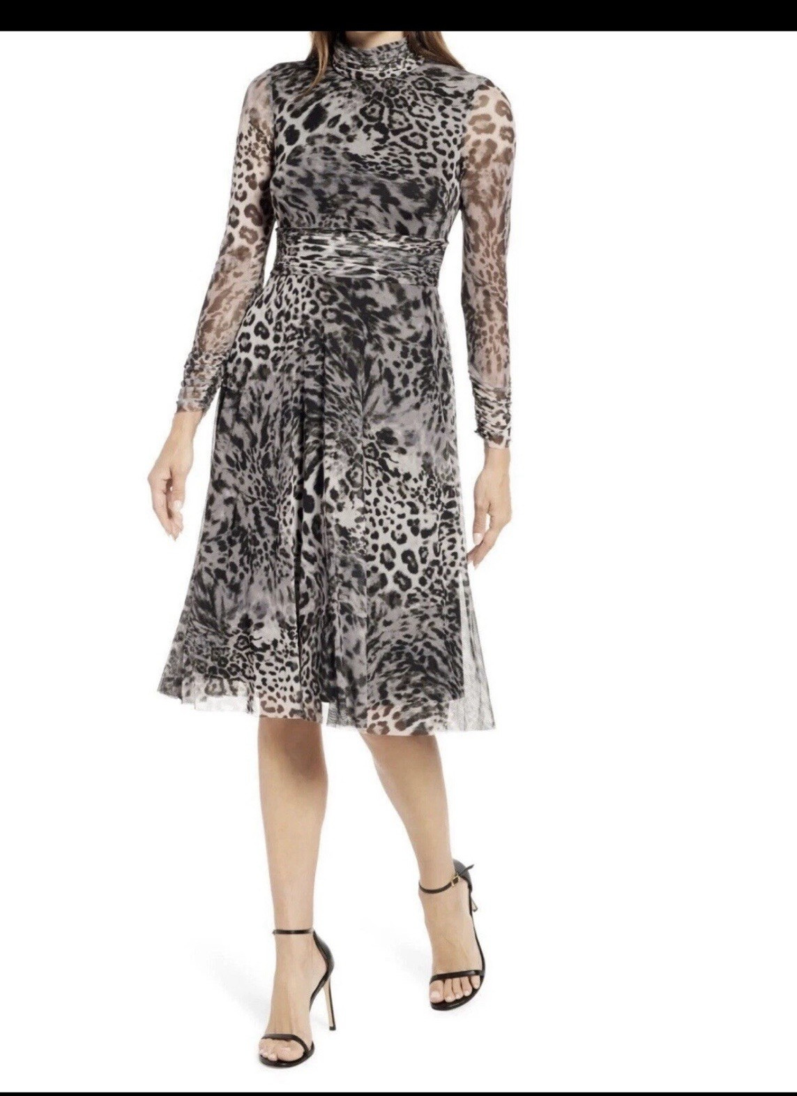 Eliza J Gray Black Leopard Mesh Midi A-Line Dress Mock Neck Long Sleeve 14