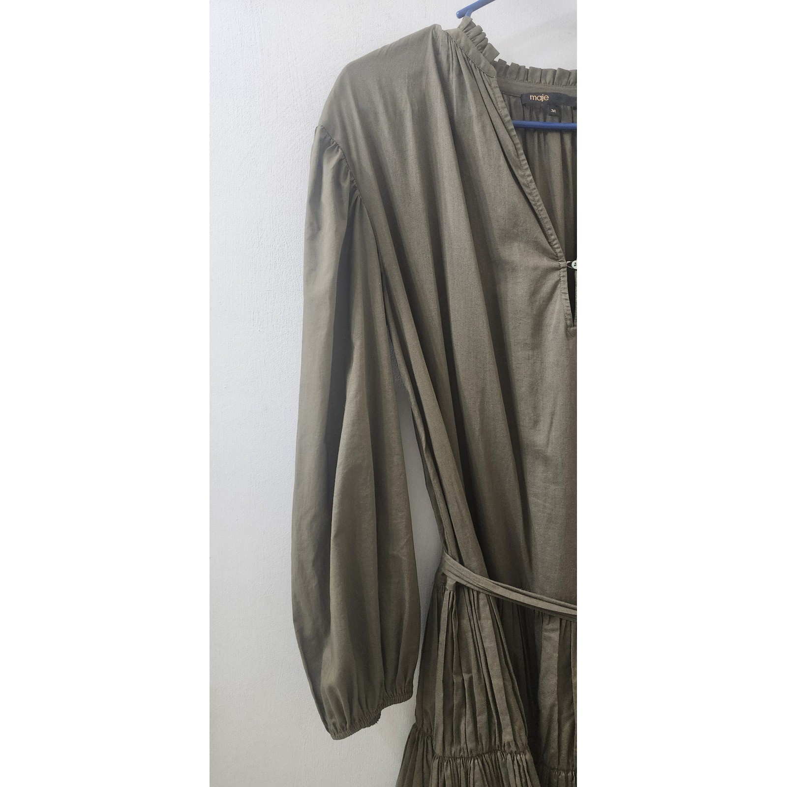 Maje Olive Green Ruffle Tiered Mini Dress Long Sleeve Belted Size 36 US 4 6