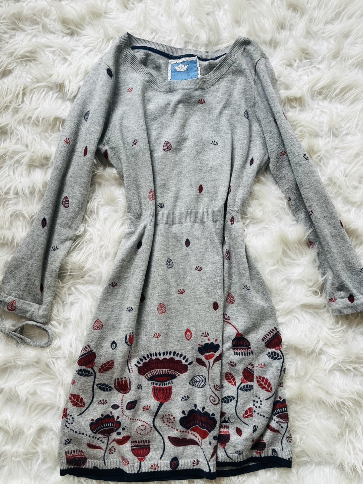Mantaray Floral Jumper Dress Women’s UK 8 Grey Fine Knit Midi Long Sleeves Cosy