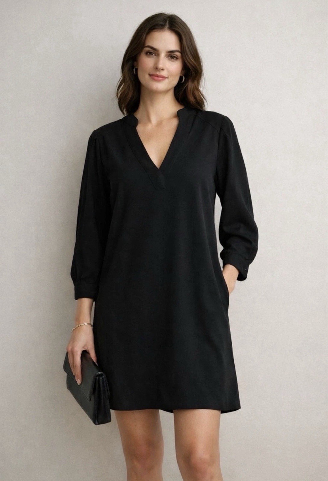 Brochu Walker Black Shift Dress Sz M Pleated Sleeves Quiet Luxury Minimalist