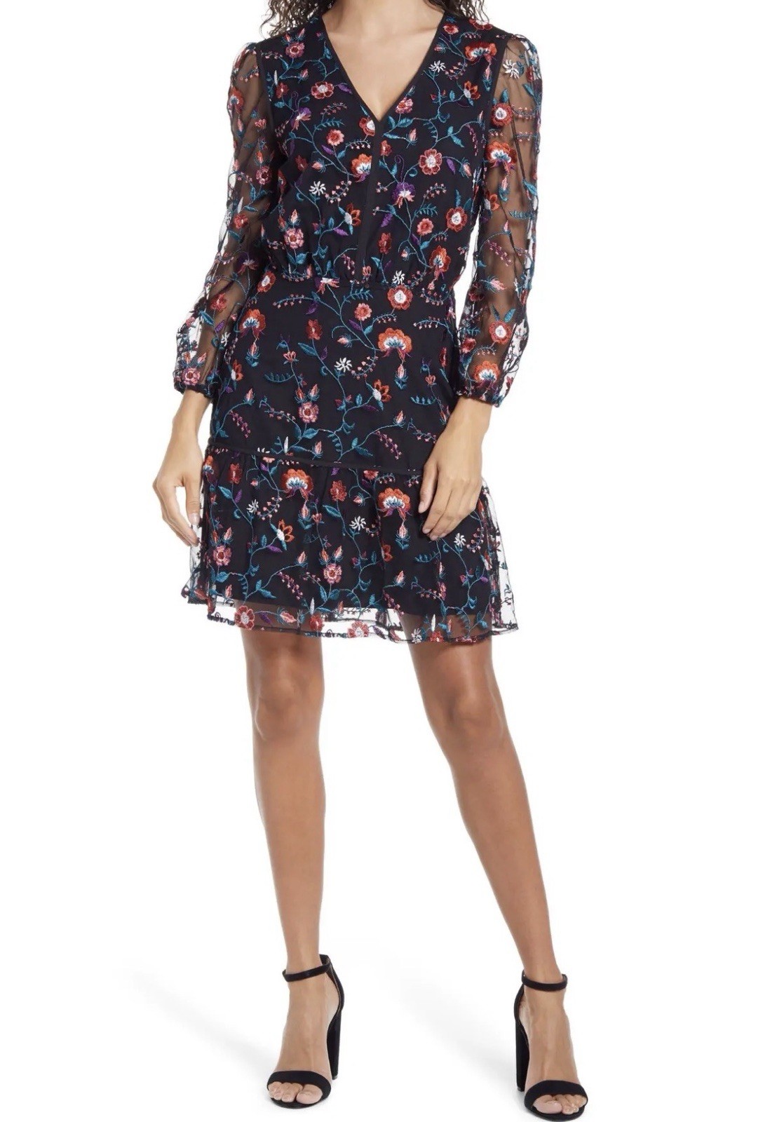 Sam Edelman Black Pink Floral Embroidered Long Sleeve Blouson Dress 8