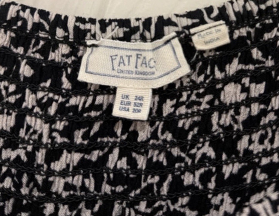 Fat Face Adele Black White Vines Print Midi Dress Shirred Bust Sleeve Size 24 R