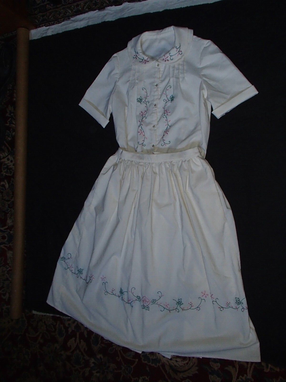 LINEN LIKE BLOUSE AND SKIRT SET HAND EMBROIDERED VINTAGE NEVER FINISHED OR WORN