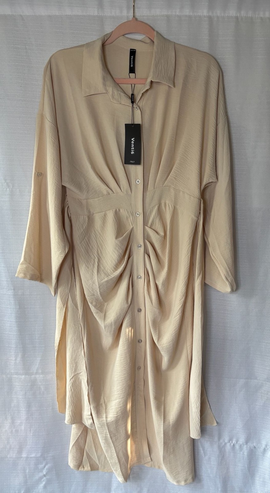Venti6 Italy Button Down Shirt Midi Dress in Beige with Ruched Front Detail