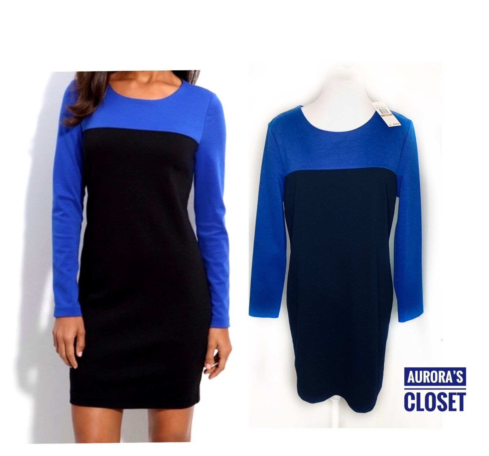 Michael Kors 12P Black Cobalt Sheath Dress Long Sleeve High Neck NWT $140