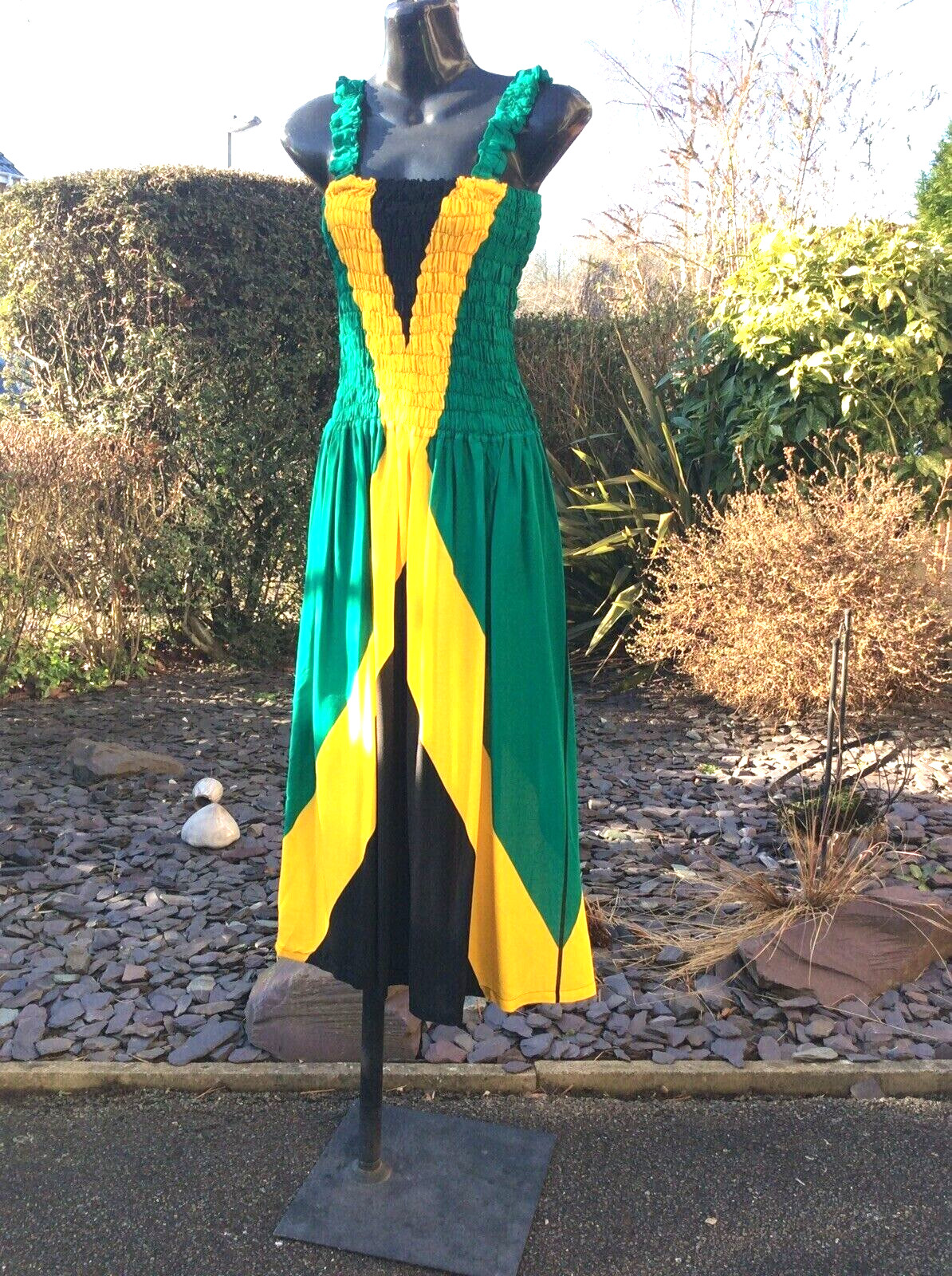 NEW ARRIVAL….HANDMADE…JAMAICAN FLAG COLOUR PRINT, ELASTICATED MAXI DRESS…