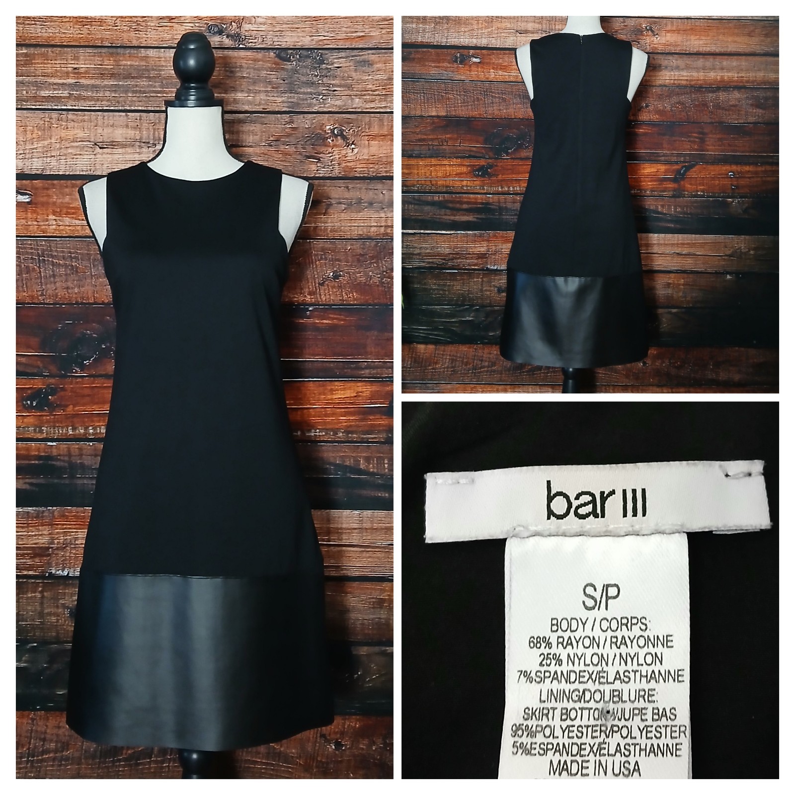 Bar III Vintage Sheath Dress S Black Ponte Faux Leather Trim Zip Back Made In US