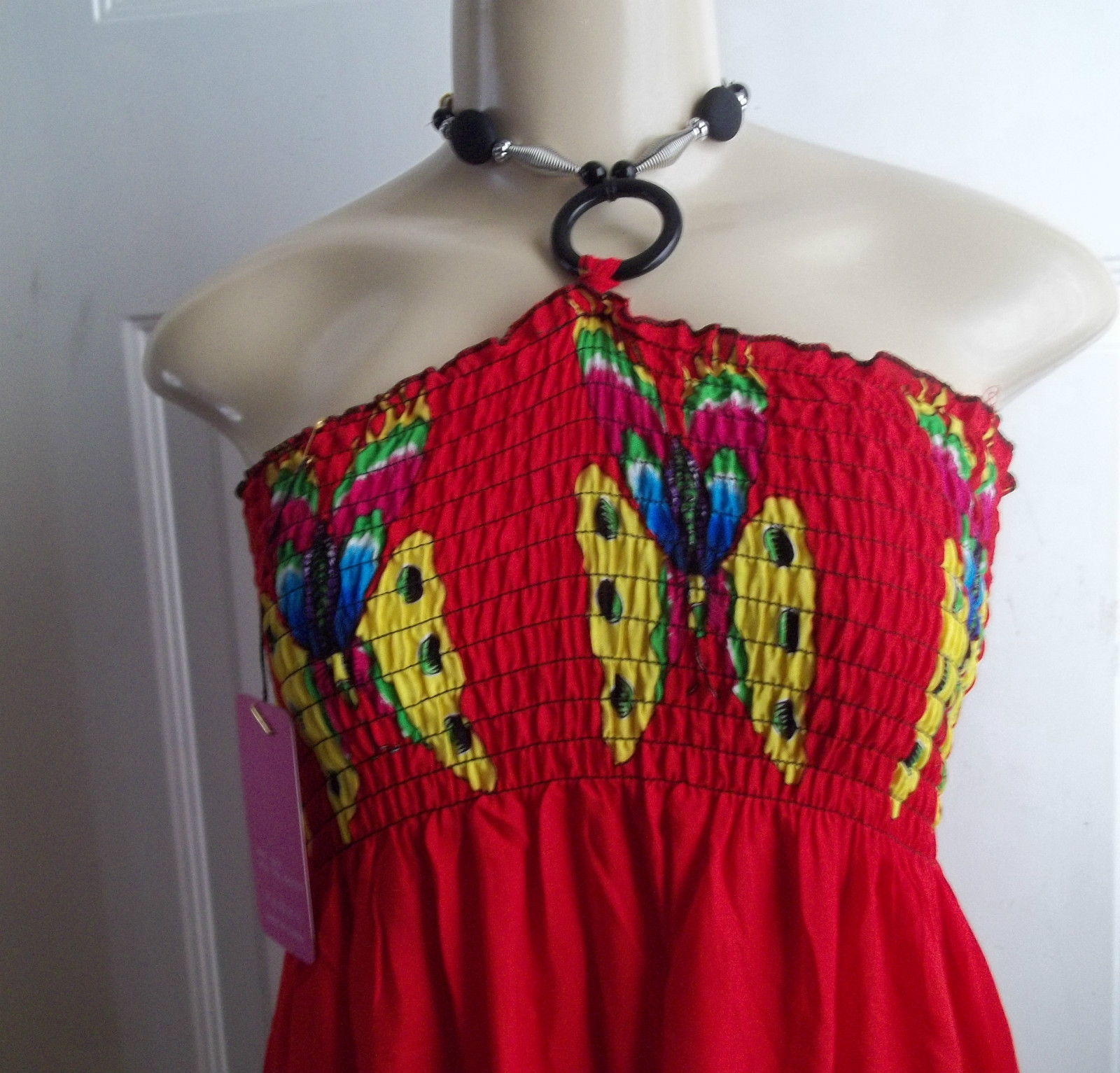 RED BIG BUTTERFLY MID LENGTH DRESS PURPLE STRAPLESS S,M,L,XL