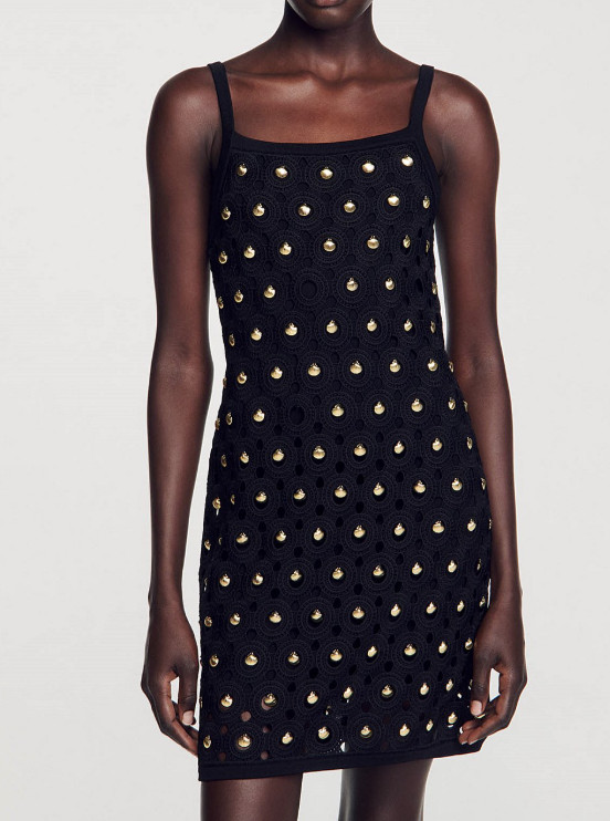 Sandro Paris Dress Womens Black Embellished A-Line Sleeveless Size 42 FR XL New