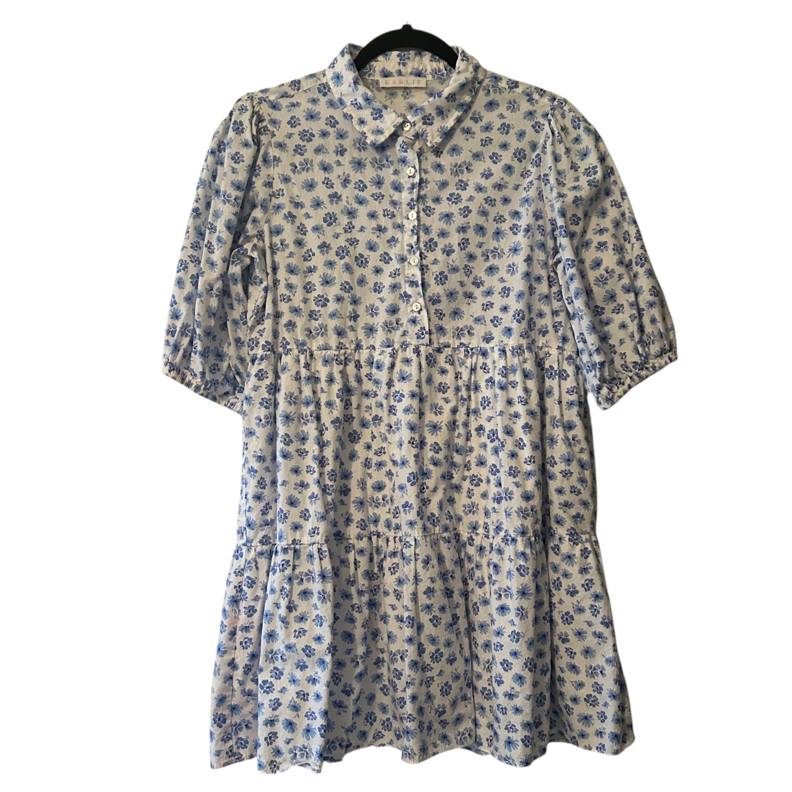Karlie Blue Floral Babydoll Shirt Mini Dress Tiered Skirt Size Large Lined