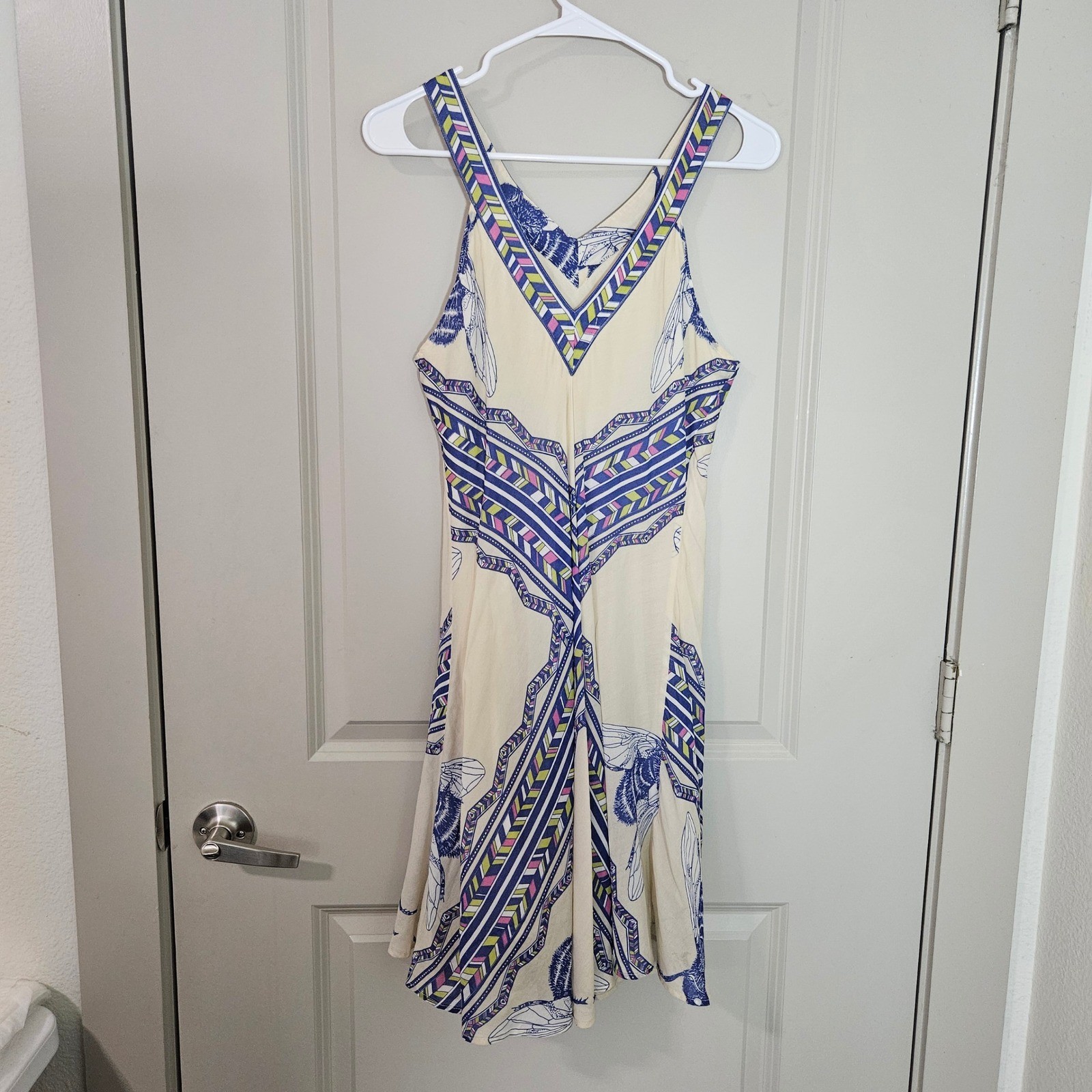 Leifnotes Anthropologie Bee Insect Print Smocked Waist Dress Ivory Blue Size 6
