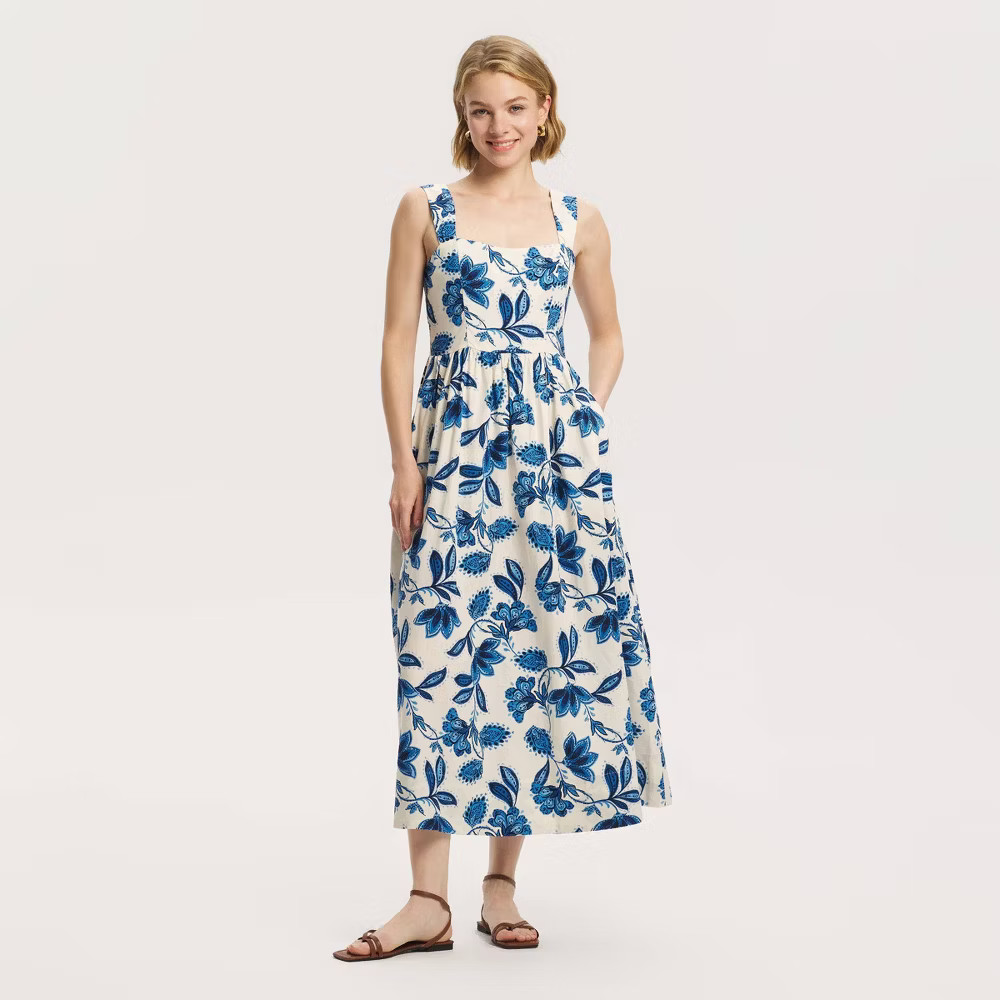 Women Wide Straps Midi A-Line Dress – A New Day White Floral