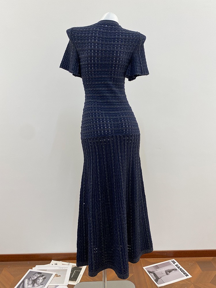 🎁AUTHENTIC Sandro Women Round Neck Rhinestone Crochet Knitted Evening Dress SML