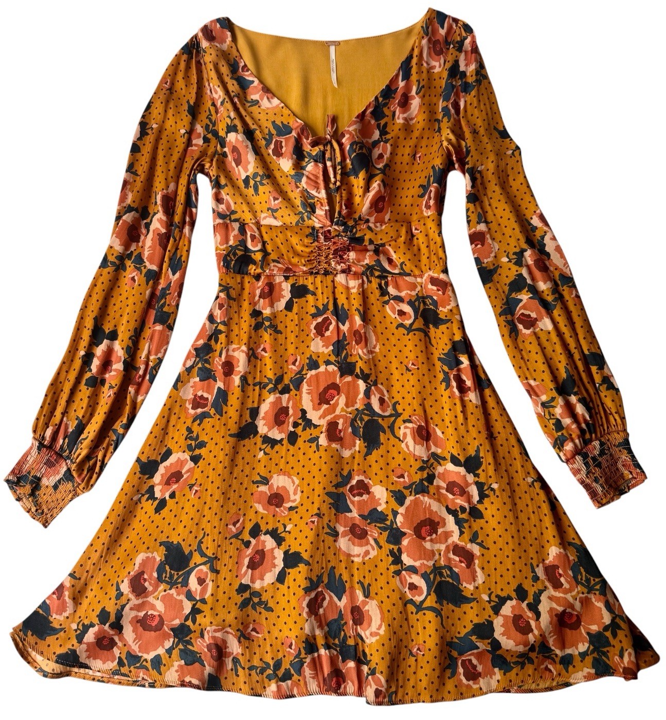 Free People Dress Womens size O Orange Morning Light Flowers Print L-Sleeve Mini