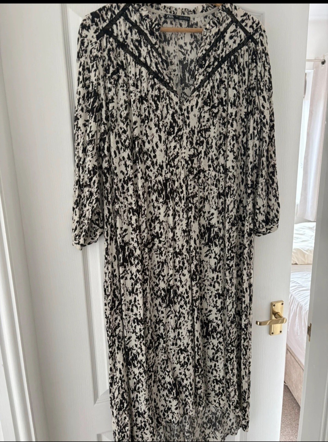 ZARA Printed Dress With Lace Medium M Midi Holiday Assymetric Hem Boho Tunic