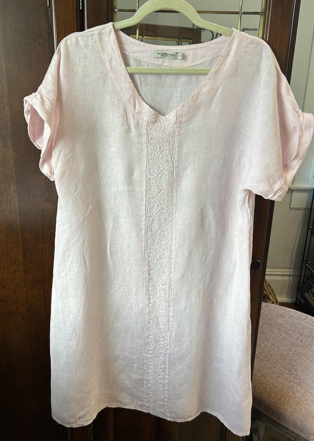 Valentina Naldi Made In Italy Blush Pink Embroidered 100% Linen Shift Dress M