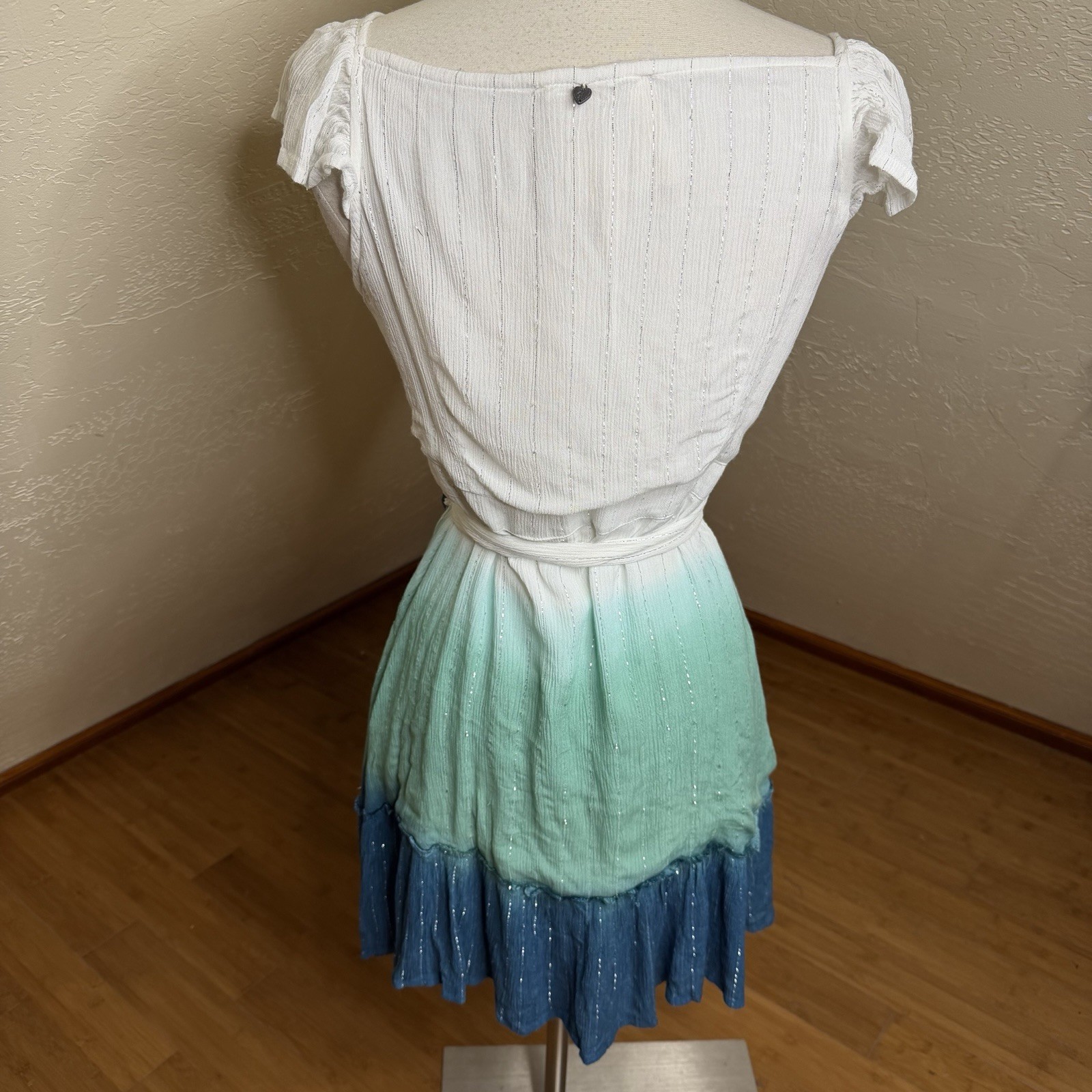 Z&L Europe White Blue Ombre Mini Wrap Dress Metallic Lurex Shimmer Boho M⁠