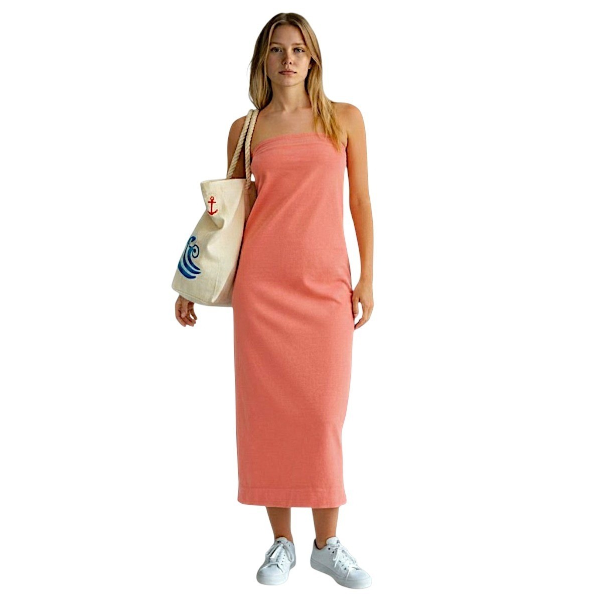 Free People fp Beach Midi Dress M Elizabeth Coral Tube Strapless Cotton 51549343