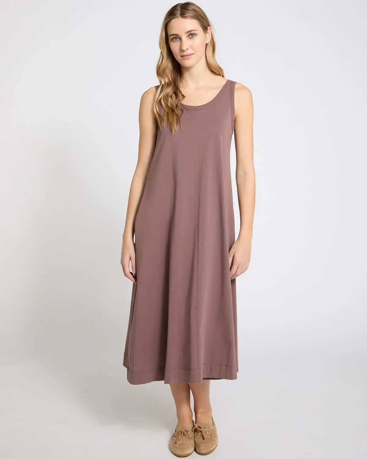 Carolyn Donnelly Brown Mauve Loose Cotton Jersey Dress Midi UK 12-14 Medium