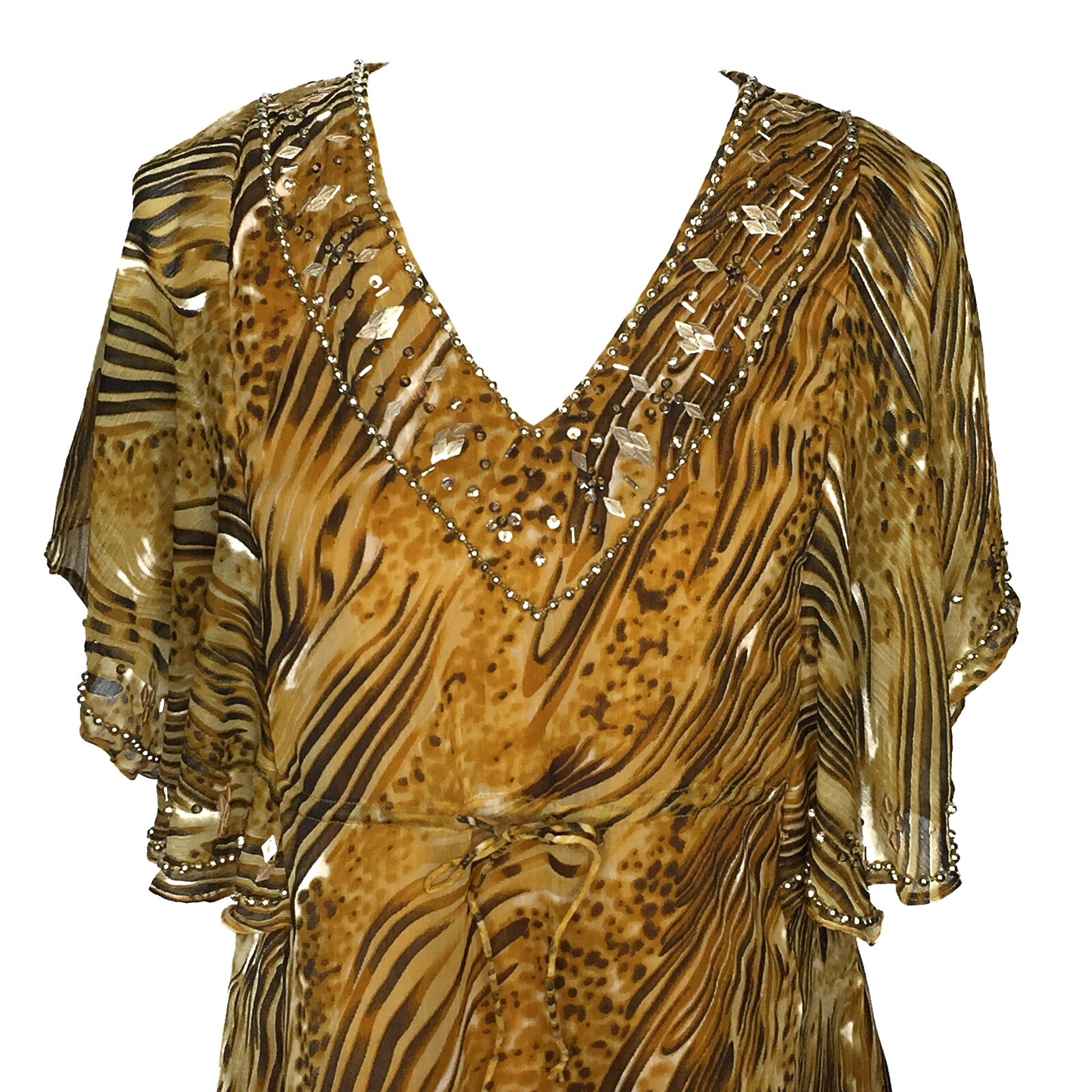 Metrostyle Beaded Animal Print Dress Medium V Neck Tie Waist Flutter Sleeves