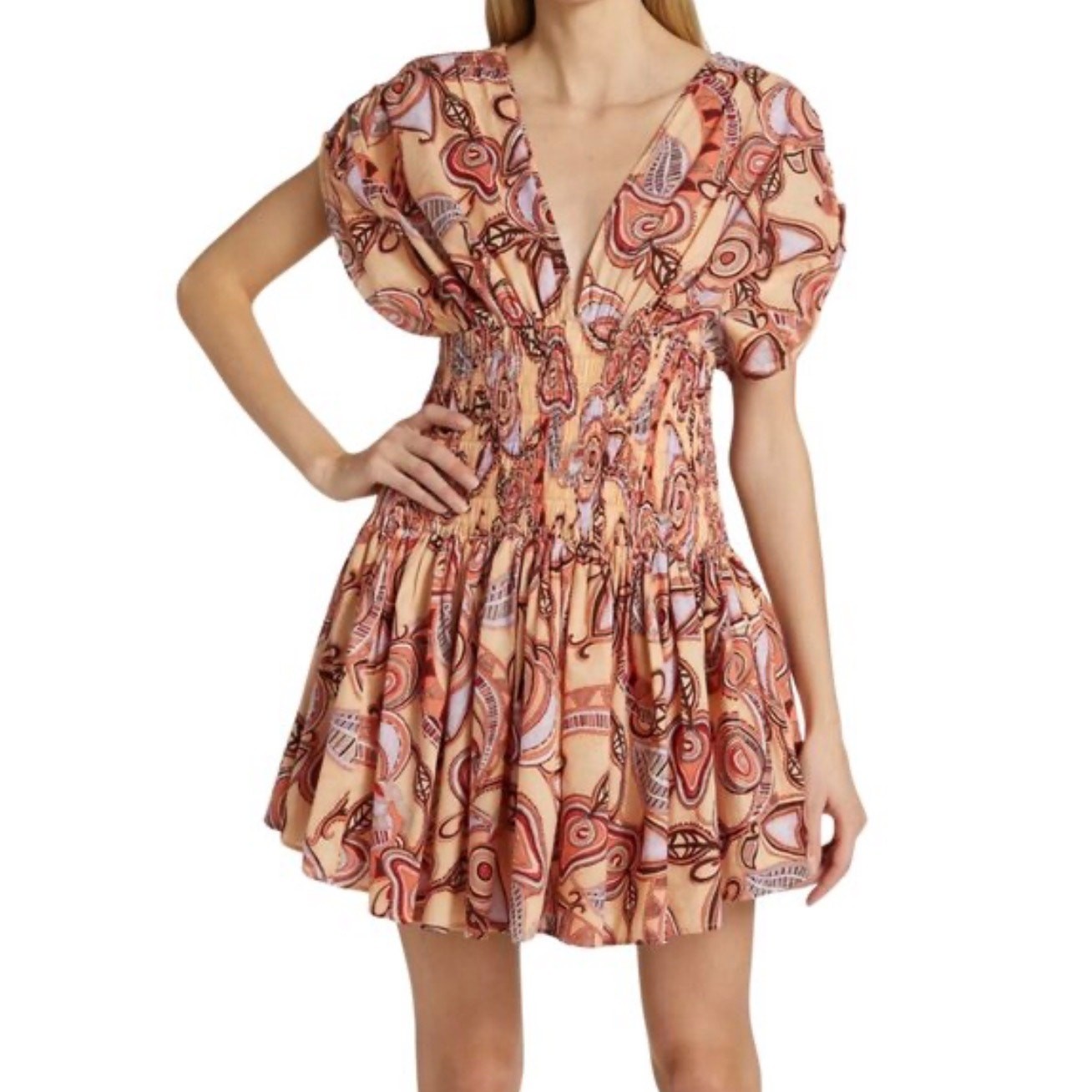 A.L.C. Mini Dress Luna Smocked Peach Multicolor Fit and Flare 100% cotton size 2
